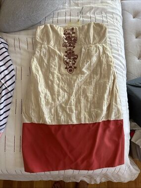 Nicole Miller Strapless Cream and Rust Colorblock Dress